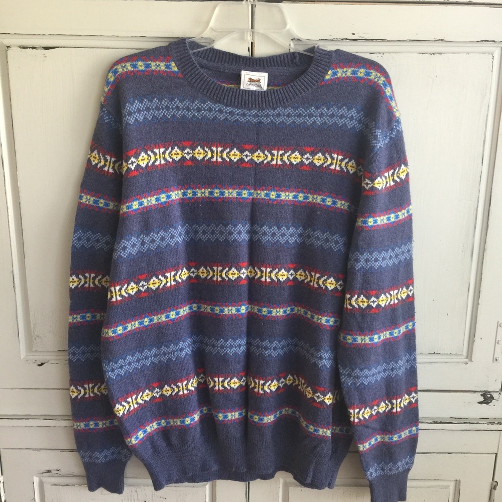 Le Tigre Men's Large Crew Neck Sweater Blue Geometric Ski Nordic Vintage 1980's
